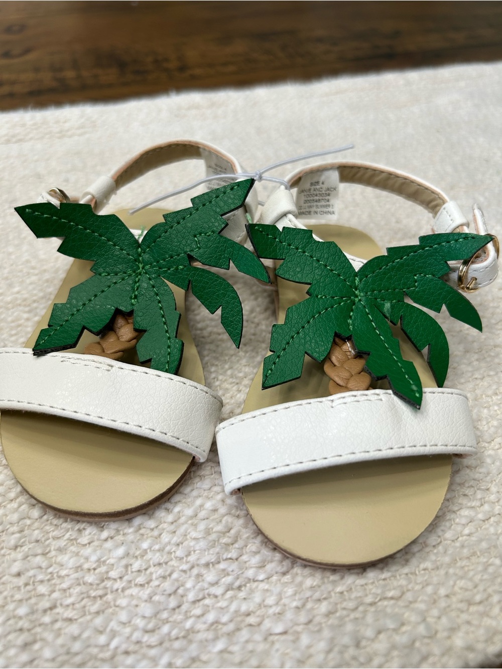 Janie and Jack White Sandals with Green Palm Leaf Accent